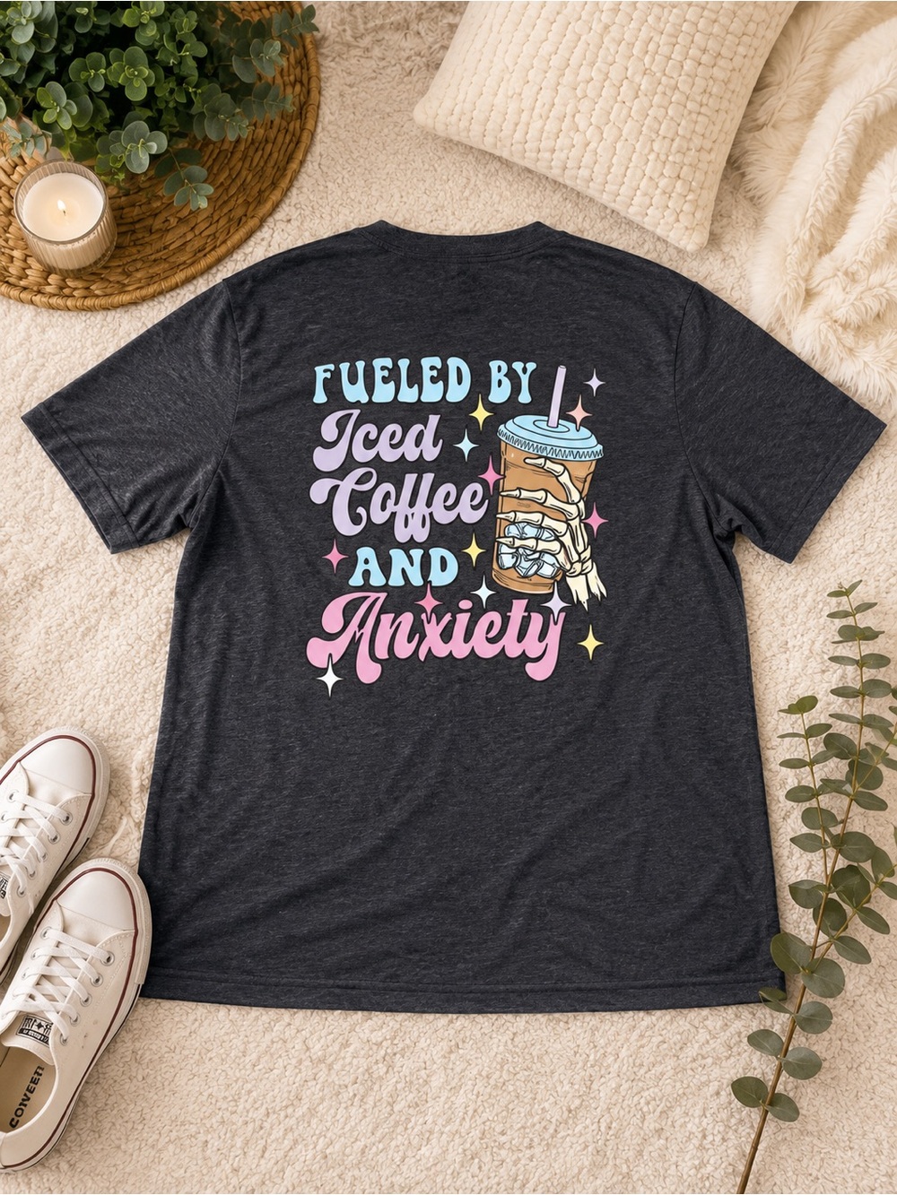 Soft Charcoal 'Fueled by Iced Coffee and Anxiety' Graphic Tee